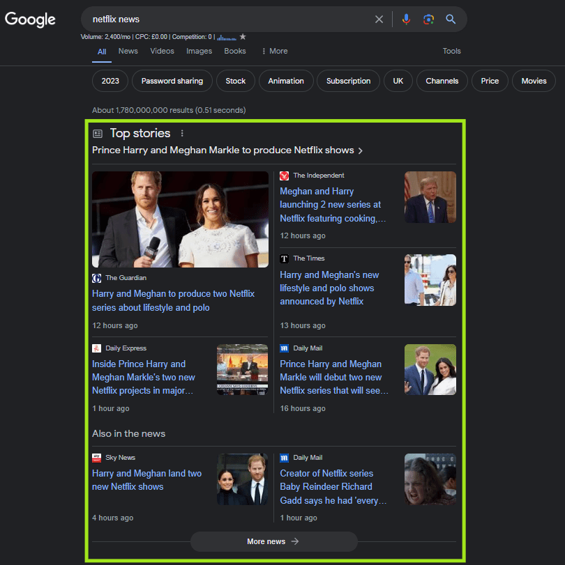 An image example of a news schema markup on google search results.